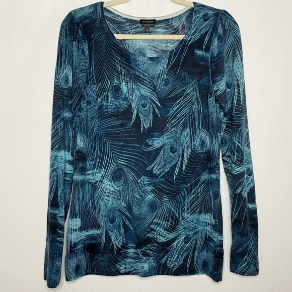 Talbots Merino Wool Gathered Shoulder Peacock Print Sweater - Picture 1 of 11